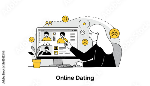 Young woman in business casual attire browsing online dating profiles on a computer in a home office setting. Woman pointing at potential match on dating website.