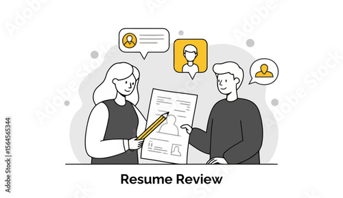 Resume Review with professional guidance in a modern office setting. Two young adults reviewing a resume.