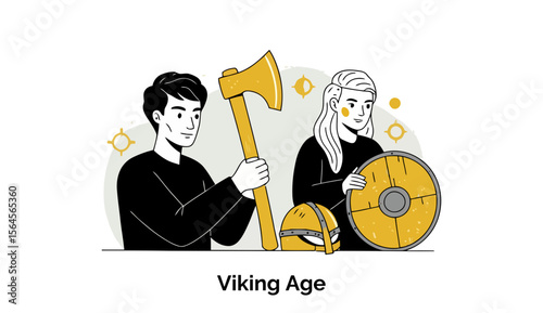 Viking Age warriors holding weapons in a historical illustration. A man and woman in period clothing, holding axes and shields, set against a minimalist background, illustrative of the Viking Age.