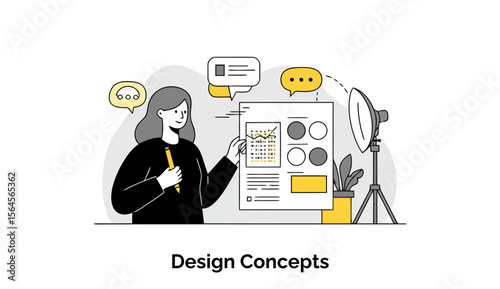Female graphic designer presenting design concepts in a studio setting. Young woman in a black shirt reviewing design ideas on a poster board with studio lighting.