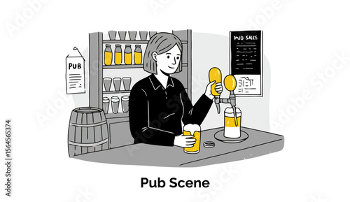 Female bartender pouring beer at a pub bar. Woman pouring a beer into a glass at a pub counter. Female bartender pouring beer at a traditional British pub -