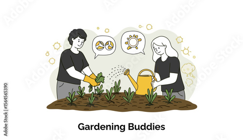 Adult gardening partners tending a garden bed. Two women in dark clothing working together with gardening tools.