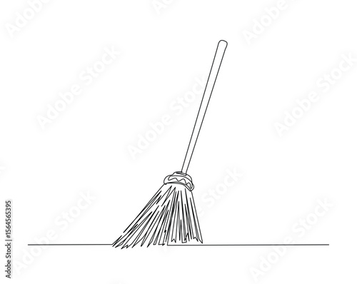 Sweeping brush or broom outline drawing illustration. one continuous line drawing of sweeper.