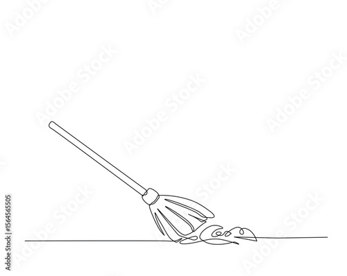 Sweeping brush or broom outline drawing illustration. one continuous line drawing of sweeper.