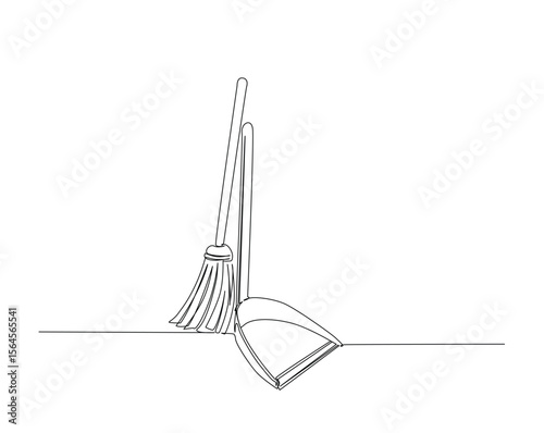 Broom with dustpan outline drawing illustration. one continuous line drawing of sweeper and dustpan.