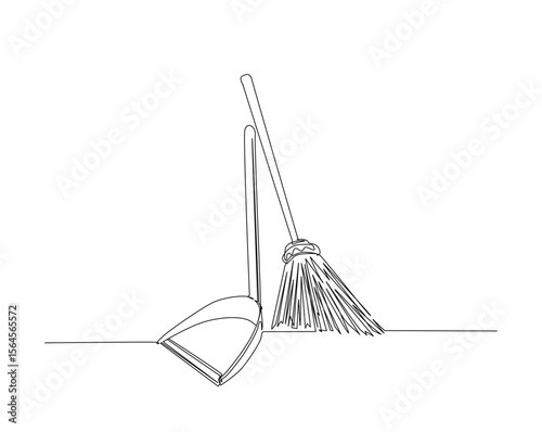 Broom with dustpan outline drawing illustration. one continuous line drawing of sweeper and dustpan.