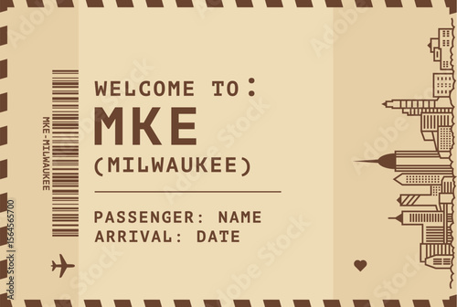 Welcome to Milwaukee, Wisconsin USA card template. Vector vintage style postcard illustration with airport code, skyline, flight info. Boarding pass, luggage tag style s image layout