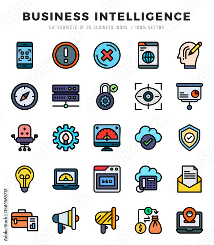 Vector icons set of Business Intelligence. Lineal Color style Icons.