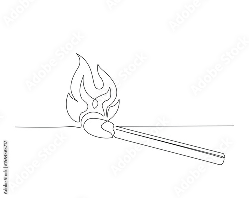 Burning match stick  outline drawing illustration. one continuous line drawing of match stick burn.