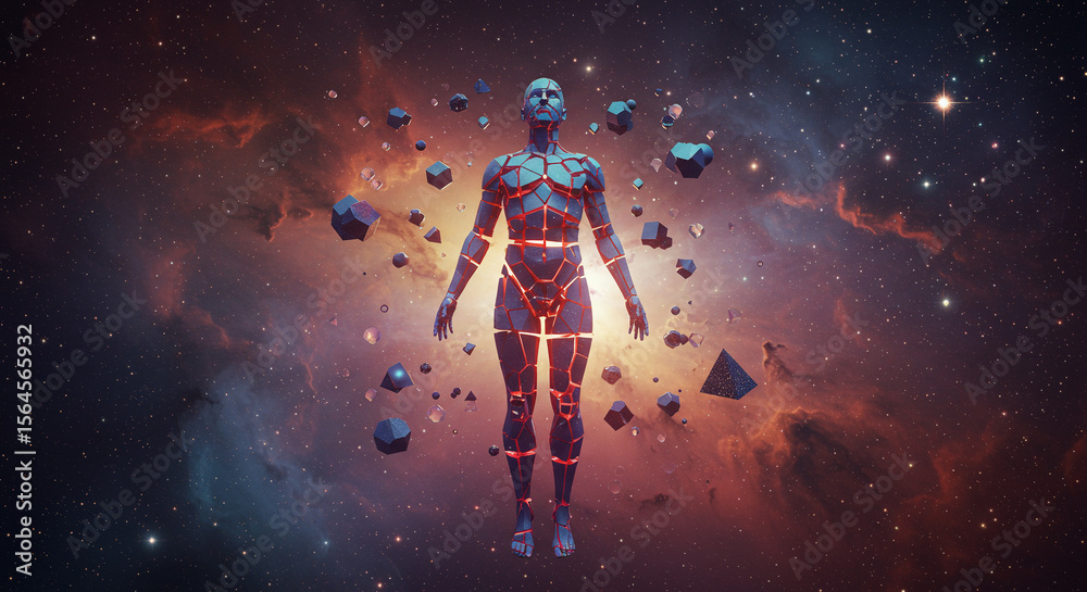 Naklejka premium Digital Human Floating Among Geometric Shapes in Space. A fragmented humanoid figure floats in space with geometric shapes and cosmic lighting around. 