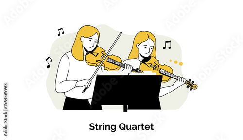 Two young women with blonde hair playing violins at a music stand. Concentrated musicians in casual attire performing in a concert hall.
