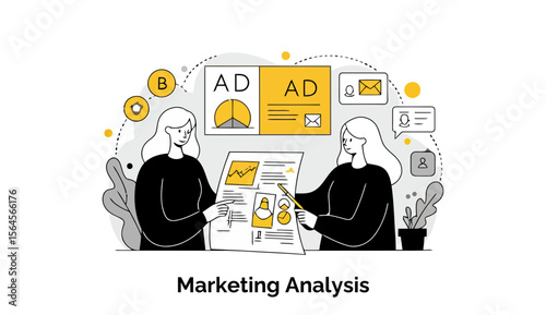 Two female colleagues in black attire review marketing data displayed on a large document, situated in a modern office setting.