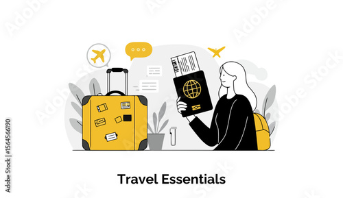 Young woman holding passport and tickets with luggage in a travel setting. Preparing for a trip, standing with travel essentials, in a modern interior space.