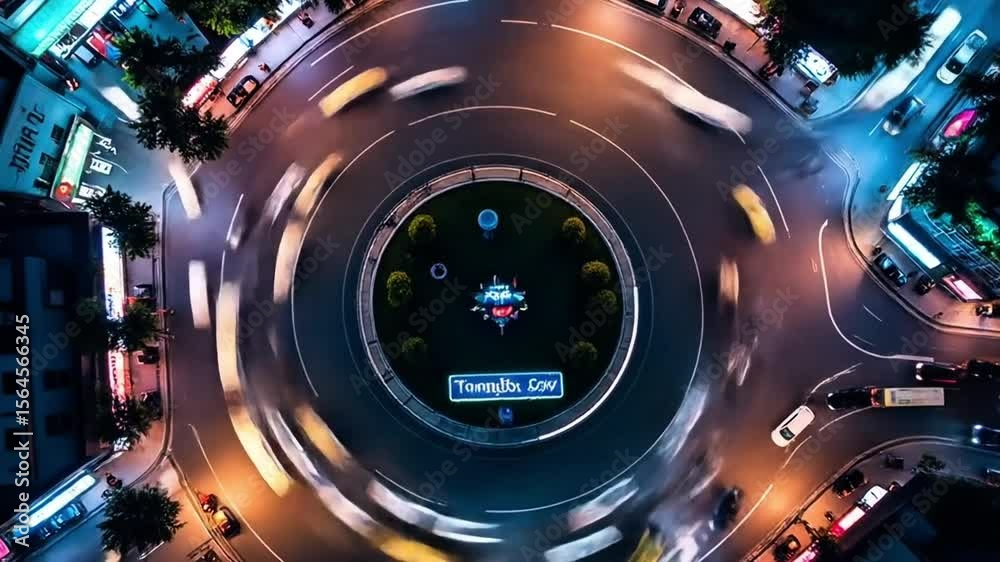 Aerial View of a Busy City Roundabout at Night with Car Light Trails Aerial View of a Busy City Roundabout at Night with Car Light Trails