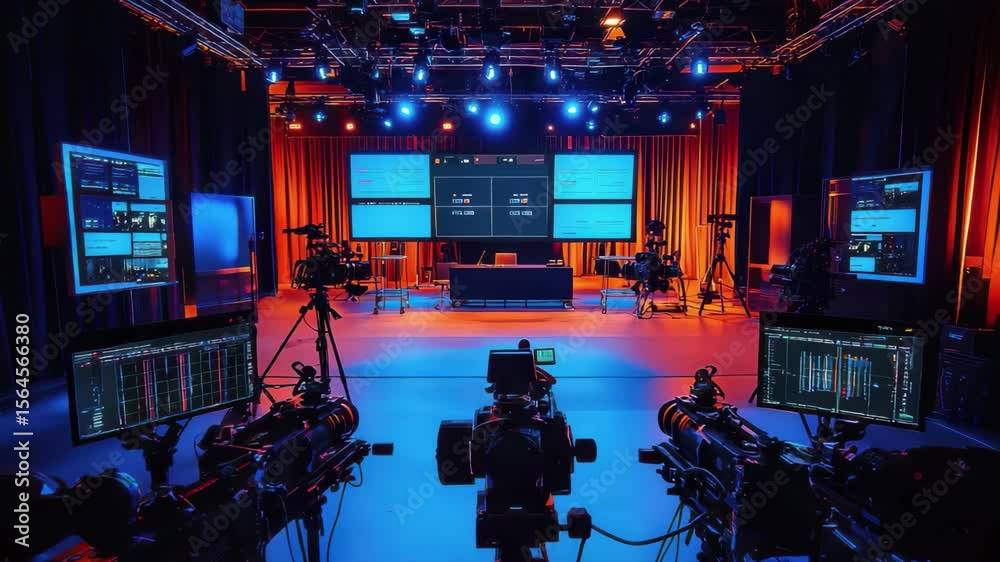 Multiple professional cameras are positioned on tripods in a modern video production studio, ready for a live broadcast