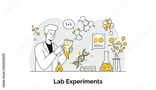 Young male scientist in a white lab coat conducting experiments in a modern laboratory setting. Focused action observing chemical reaction in glassware with scientific elements around.