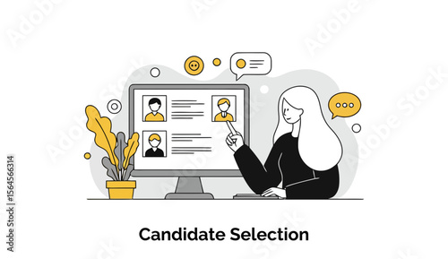 Female HR professional in business attire reviewing candidate profiles on a computer monitor in an office setting. Selecting a candidate for a job opening at a company location.