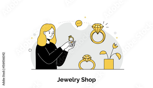 Young woman in black sweater examining jewelry display in a modern jewelry shop. A female jewelry store employee holding a ring in her hands with display rings in the background.