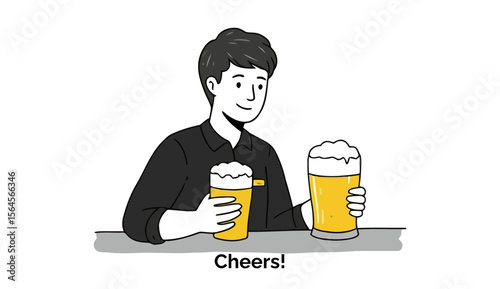 Young man in a black shirt at a bar holding beer glasses. He is toasting, a cheerful expression on his face. Bar staff at a bar in a casual setting -
