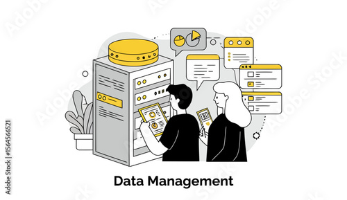 A team of data management professionals is gathered in a cool server room, reviewing system performance data on a tablet in front of tall racks of blinking network servers.