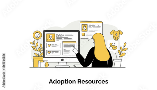 A woman with blonde hair in a black blazer reviews adoption profiles on a computer screen at an adoption agency office.