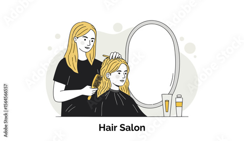Female hairstylist styling blonde client's hair in a modern hair salon. Stylist and client are in a relaxed pose with a mirror and hair products in the background.