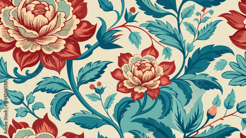 Elegant vintage floral pattern with red and teal flowers and leaves