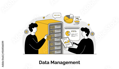Two male data analysts in casual clothing interacting with a server rack and data visualizations in a modern office setting.