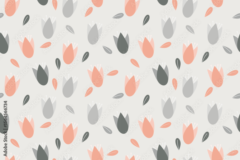 seamless pattern featuring abstract tulips and leaves in orange and gray hues seamless pattern featuring abstract tulips and leaves in orange and gray hues