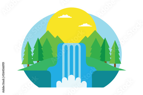 Serene Waterfall Landscape Sun, Mountains, and Evergreen Trees