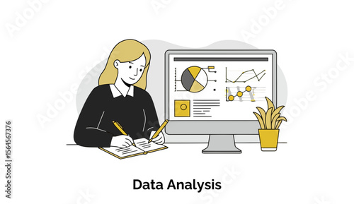 A female data analyst in a black blouse, seated at a desk, actively analyzes data displayed on a computer screen, noting insights in a notebook.