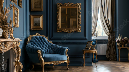 Luxurious Baroque style room with dramatic gold frames and blue velvet furniture, exuding elegance and sophistication