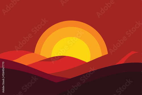 Sunset Over Rolling Hills A Vibrant Minimalist Landscape Illustration