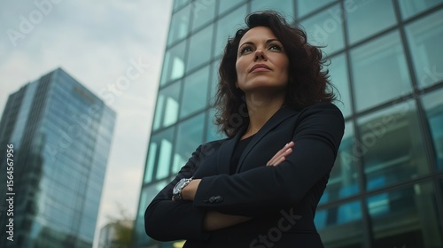 Confident woman in a black business suit with arms crossed looking up in front of office buildings