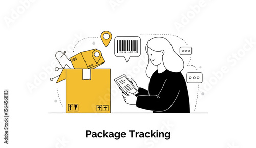 Female customer service representative in a simple black top reviews a package's location on a tablet, in a modern office environment.