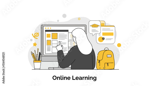 Female student engaged in online learning session at home. Focused on computer screen, interacting with digital content, showing an educational setting.