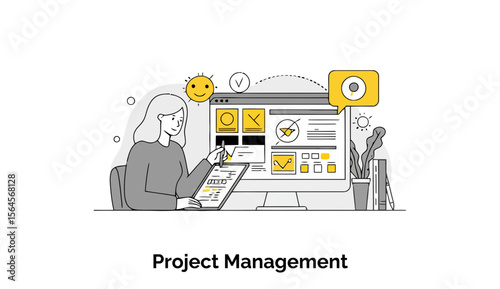 Female project manager reviewing project tasks on a computer in an office setting. Focused and engaged in analysis with paperwork and a computer.