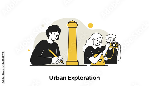 Young adults sketching and photographing a city landmark. Urban exploration with a city pillar as a focus. Students or tourists documenting urban architecture in the city center -