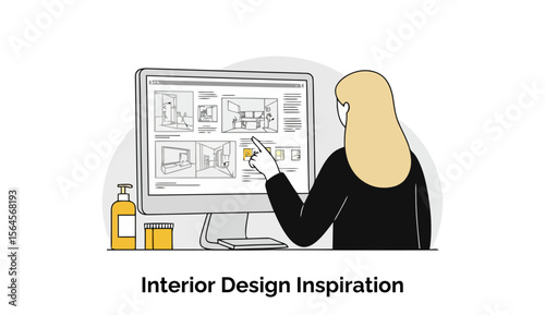 A female interior designer is working from her chic home office, carefully reviewing detailed architectural plans and mood boards on her large computer screen for a new client project.