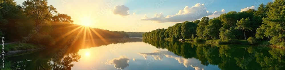 Obraz premium Golden Hour Serenity Vibrant Canadian Landscape, Lush Green Trees, Tranquil Lake, Clear Blue Sky. A picturesque summer day showcasing the beauty of natures tranquility.