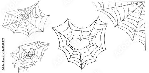 Scary Halloween web set with outlined spinner nets and creepy corners. Gothic vector cobweb collection perfect for banners, dark party frames, tattoos, and realistic horror backdrops.