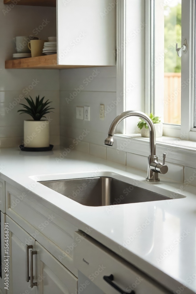 Fototapeta premium Sparkling Clean Kitchen Gleaming Countertops, Spotless Appliances, and a Germ-Free Sink Showcase the Results of a Thorough Household Cleaning
