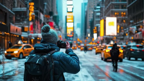 A photographer captures the vibrant energy of a snowy new york city street at night, with bright lights and blurred motion