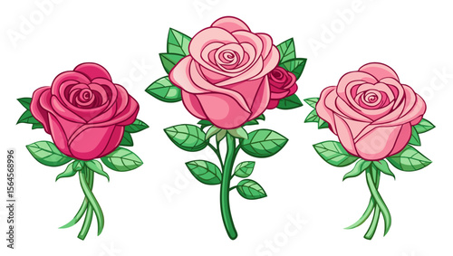 Three beautiful pink roses with green leaves and stems on a white background