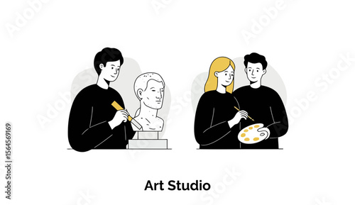 Young adult art students engaged in sculpting and painting in an art studio. Two individuals, a man and a woman, actively involved in creative work, working together on art projects.