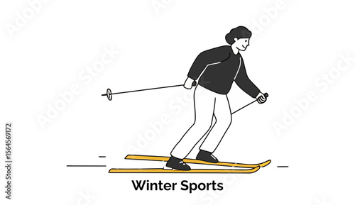 Adult male figure in winter sports attire, skiing on snowy terrain. Active, dynamic pose against a plain white background. Recreational activity in a winter sports setting -