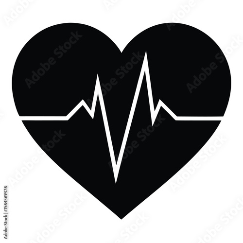 Black silhouette of a heart with a white electrocardiogram line inside representing heartbeat and pulse isolated on transparent background