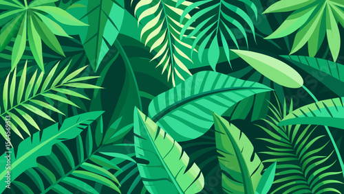 Vibrant green tropical jungle foliage with lush palm and banana leaves
