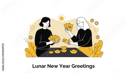 Two young adult women in black sweaters exchanging gold Lunar New Year money packets at a table with gold ingots, depicting a celebratory scene.