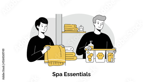 Spa attendants displaying towels and spa essentials in a retail setting. Two young adults interacting with products in a spa shop. Retail staff in a modern spa location -